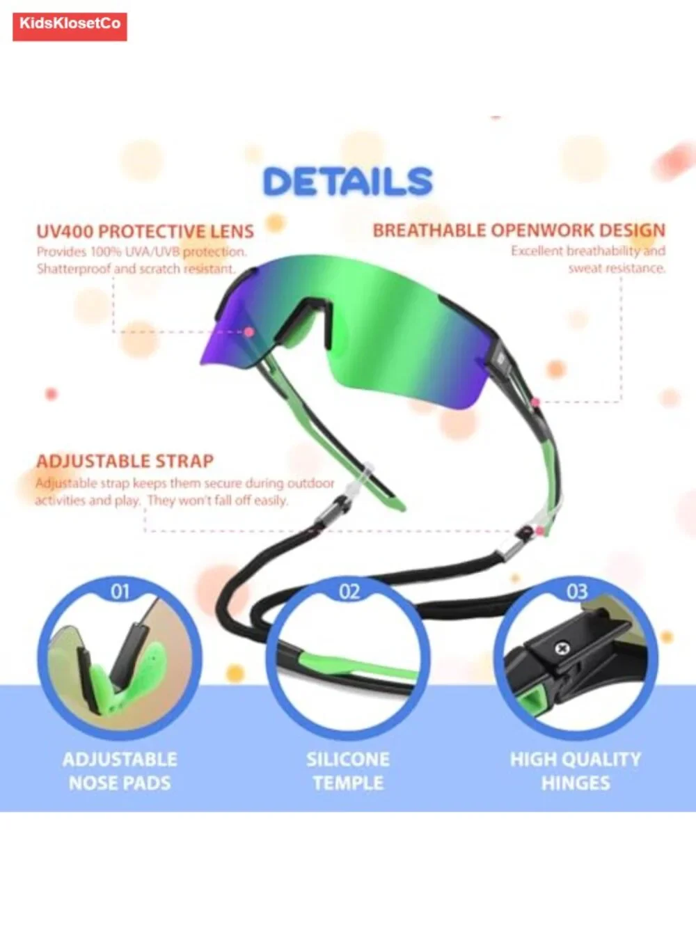 Kids Sports Sunglasses UV400 Protection TR90 Frame Polycarbonate Lenses